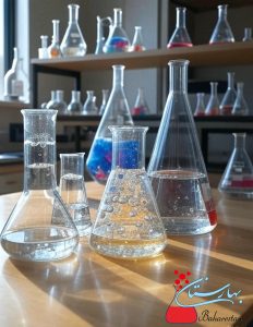 بالن ژوژه، ارلن و شیشهآلات آزمایشگاهی روی میز در یک آزمایشگاه مجهز